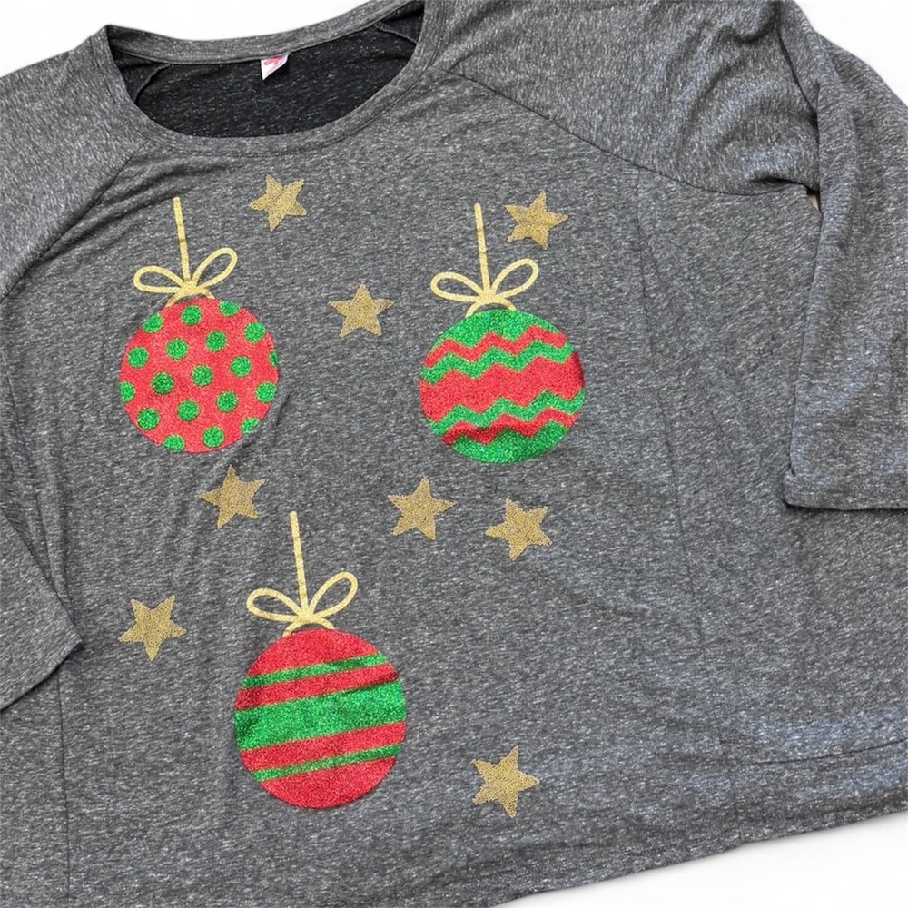 Holiday Time 4X‎ Christmas Ornament Star Glitter Raglan Tunic Top Gray